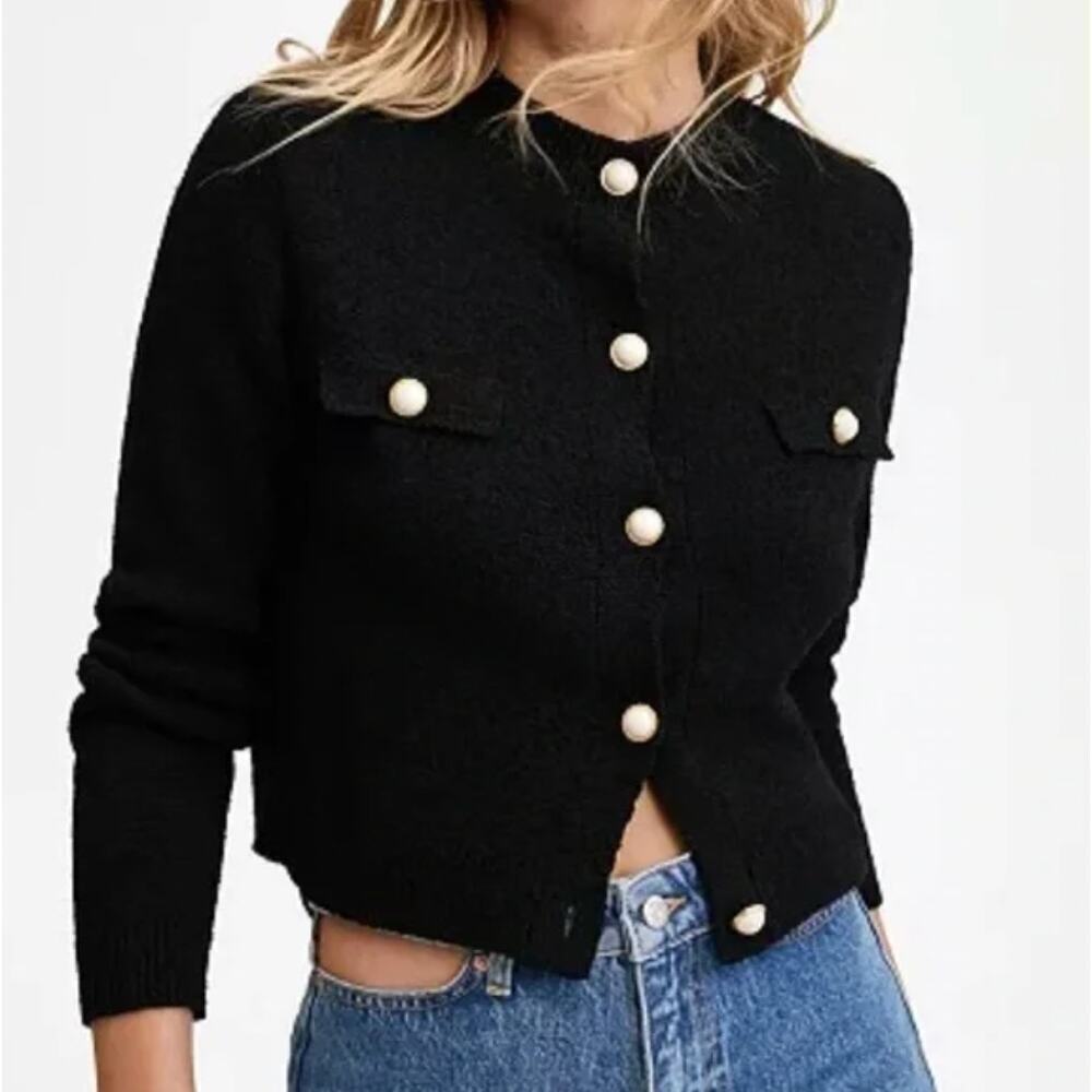 MANGO Knitted Cardigan Sweater Jewel Buttons Black Long Sleeve Women's M FLAW